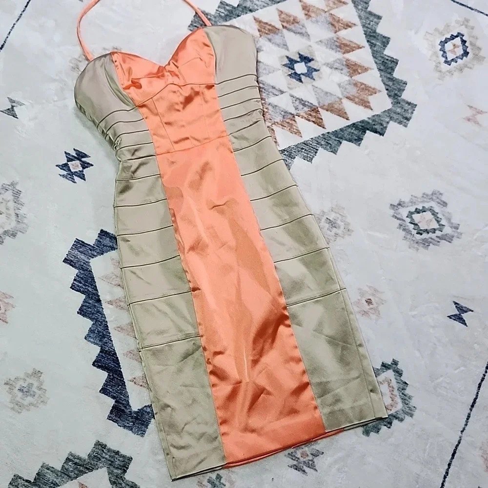 Bebe Strapless Colorblock Bodycon Dress Orange & Beige Size XS - Picture 3 of 7
